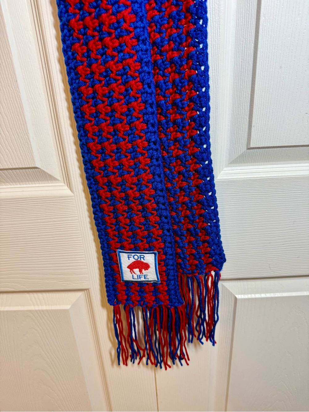 Buffalo Red & Blue Extra Long Crochet Scarf